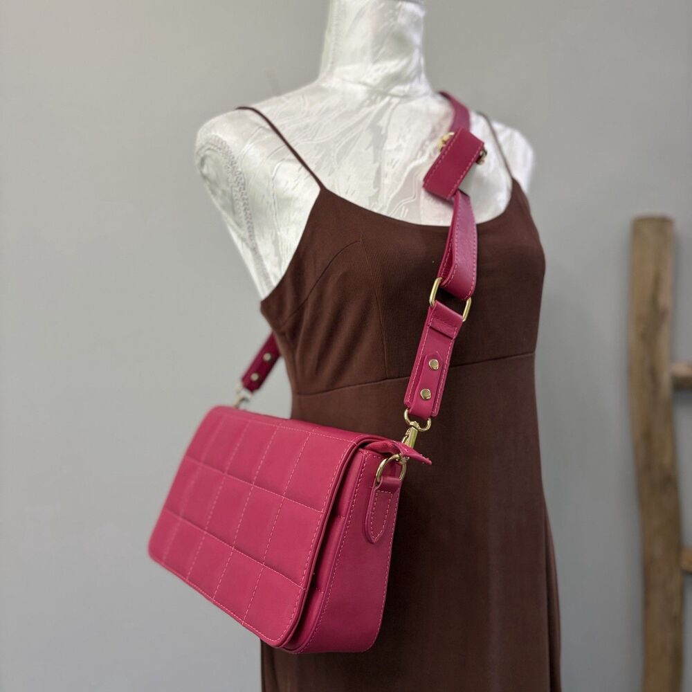 UNICA! Firenze Italy Hot Pink Quilted Genuine Leather Flap Shoulder Handbag